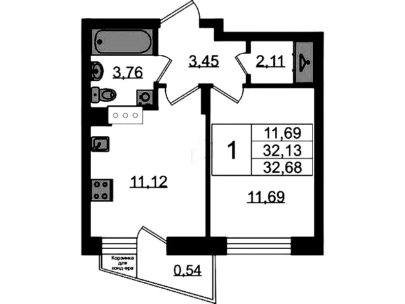 1-комнатная квартира 32.68 м², 8/11 эт., ЖК «VEREN NORT Сертолово»